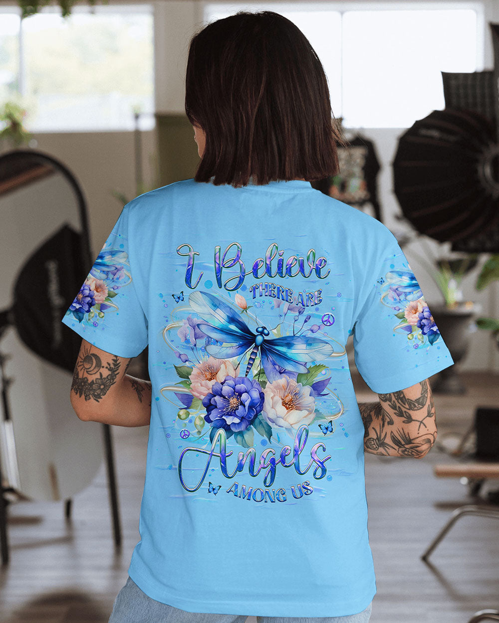 I Believe There Are Angels Among Us Blue Dragonfly with Peony AOP Shirts _11_ NqHkE