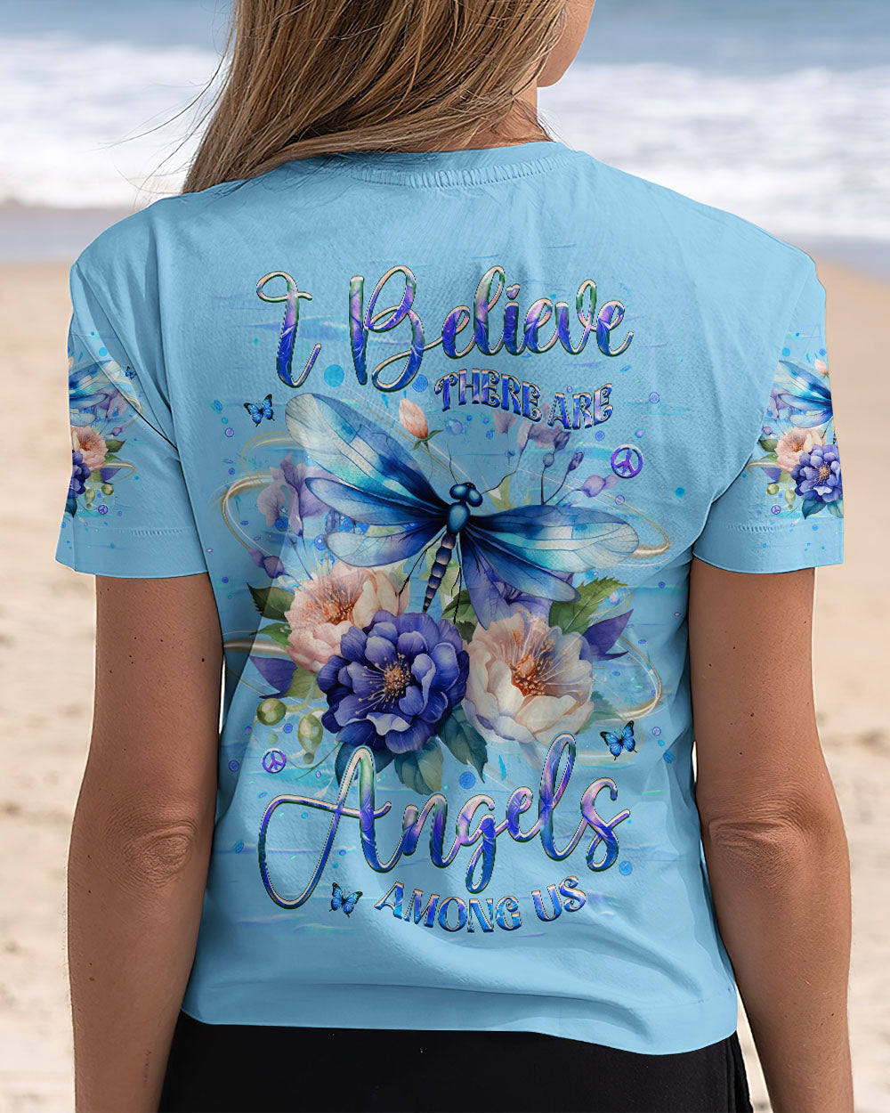 I Believe There Are Angels Among Us Blue Dragonfly with Peony AOP Shirts _13_ Cvkwh