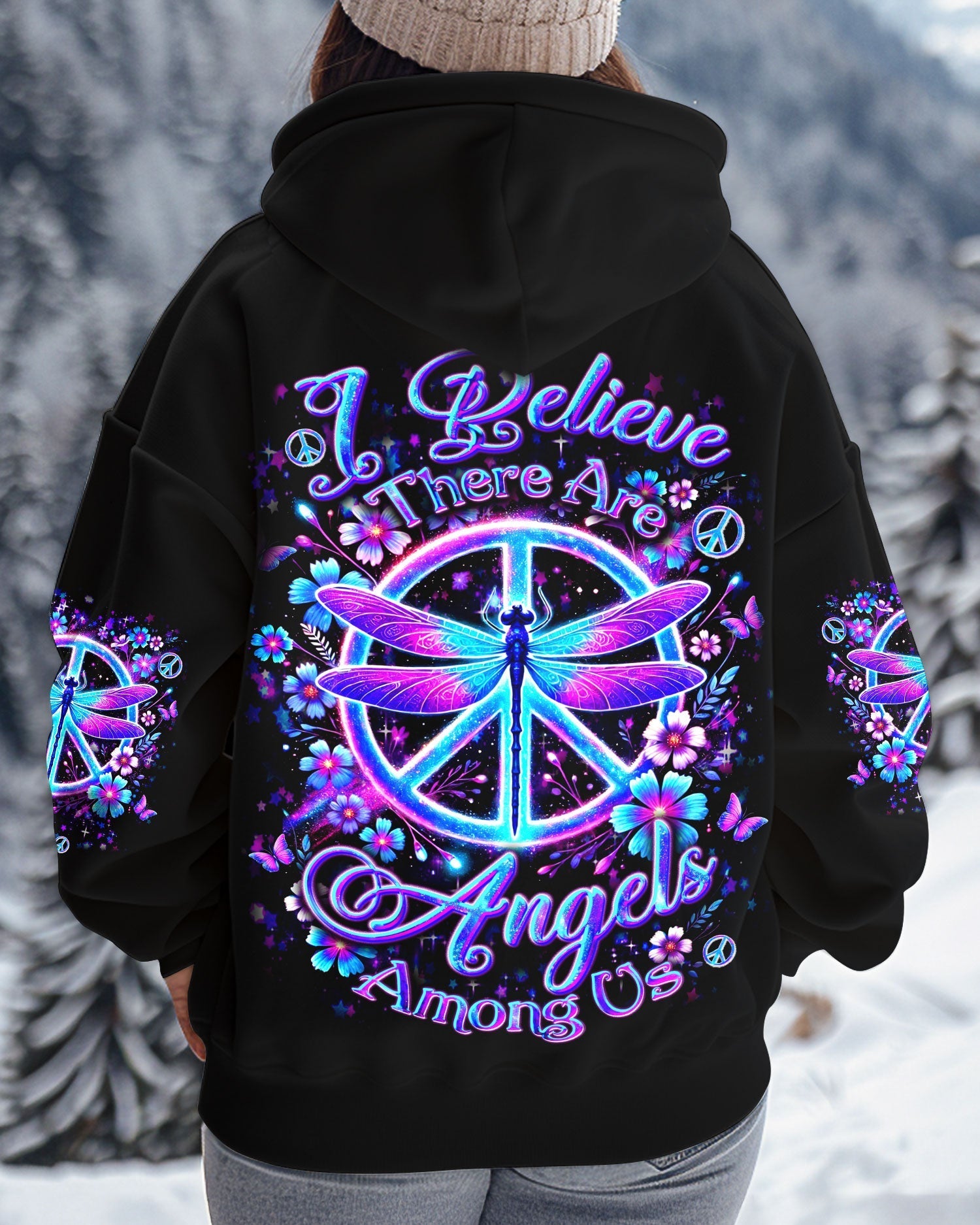 I Believe There Are Angels Among Us Dragonfly and Peace Sign AOP Shirts _5_ ZxmoF