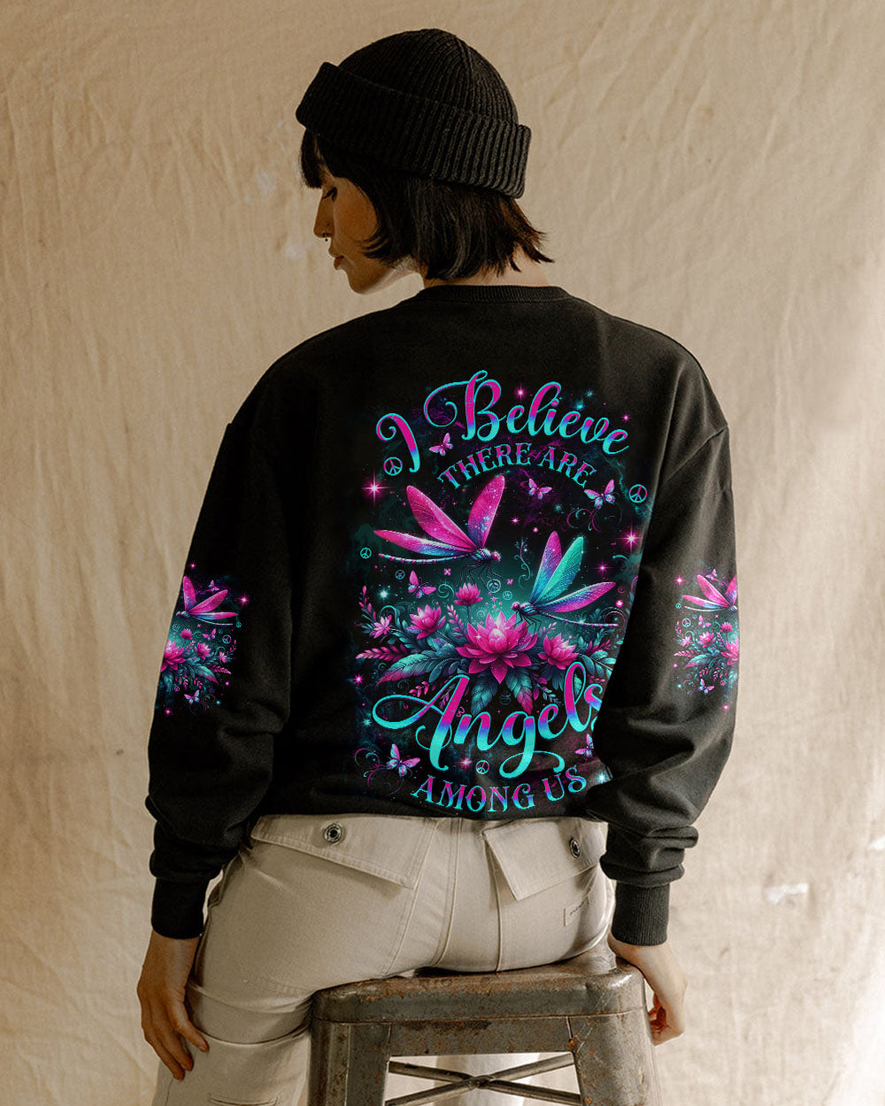 I Believe There Are Angels Among Us Neon Dragonfly and Lotus Peaceful Nature AOP Shirts _5_ 0Stkd