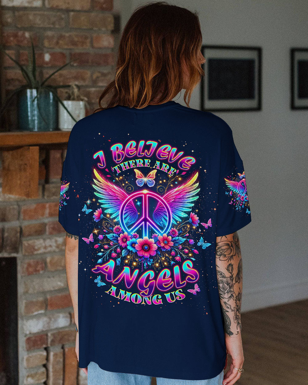 I Believe There Are Angels Among Us Neon Peace Wing Floral AOP Shirts _11_ 5WRRM
