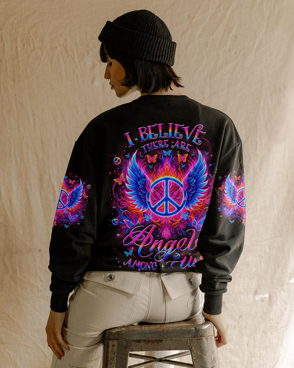 I Believe There Are Angels Among Us Peace Symbol and Wings Design for Women AOP Shirts _9_ VIlxW