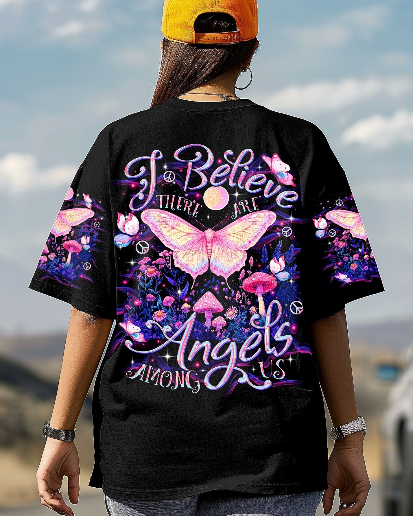 I Believe There Are Angels Among Us Pink Butterfly and Mushroom Magical Nature AOP Shirts _4_ kbkvj