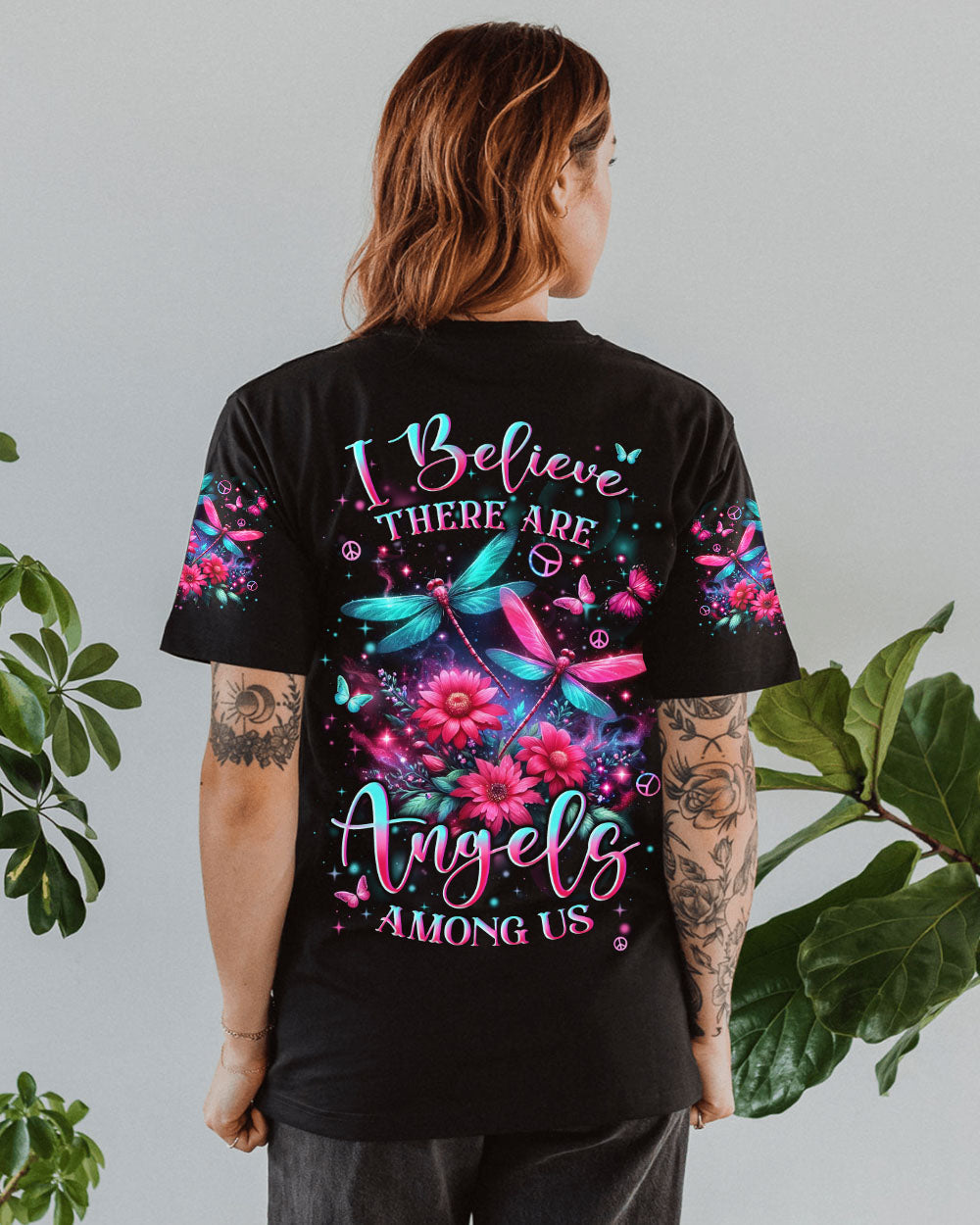 I Believe There Are Angels Among Us Pink and Teal Dragonfly AOP Shirts _1_ wXCHB
