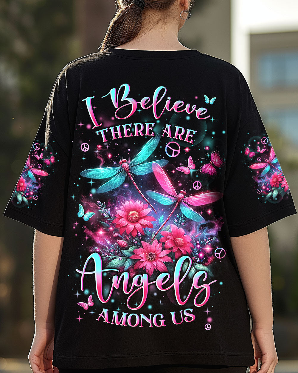 I Believe There Are Angels Among Us Pink and Teal Dragonfly AOP Shirts _3_ dfjZI