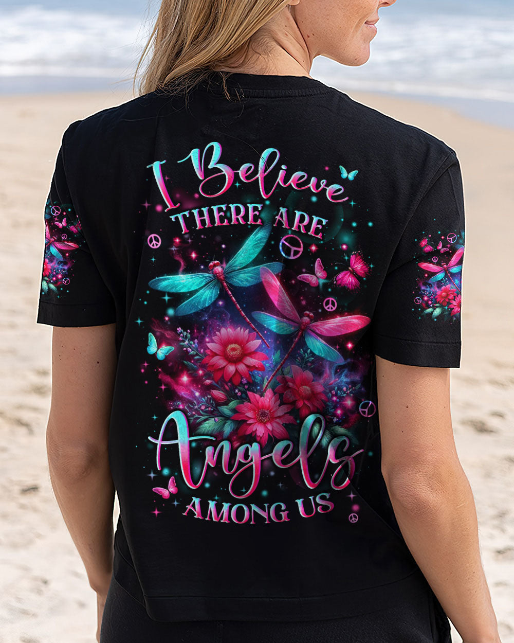I Believe There Are Angels Among Us Pink and Teal Dragonfly AOP Shirts _5_ xL1Ga