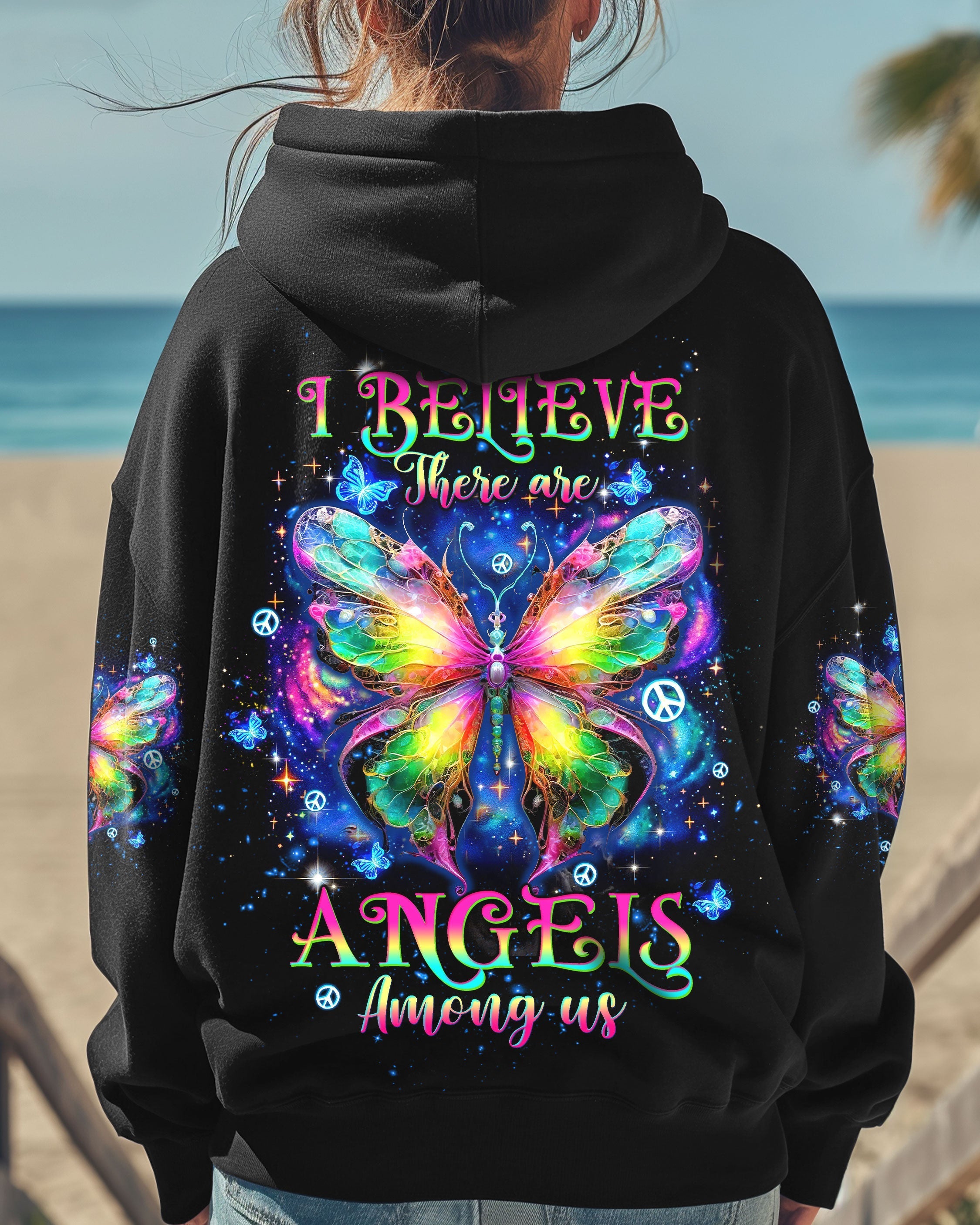 I Believe There Are Angels Among Us Rainbow Butterfly Psychedelic Galaxy AOP Shirts _1_ hcsXK