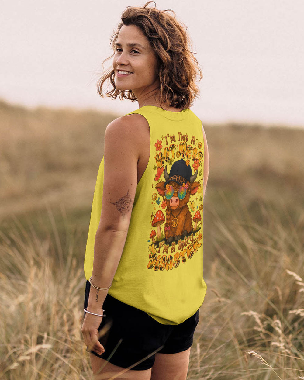 Im Not A Hot MessIm a Spicy Disaster Cute Cow with Peace Sign _26 Fun Floral Design AOP Shirts _15_ HpaNh