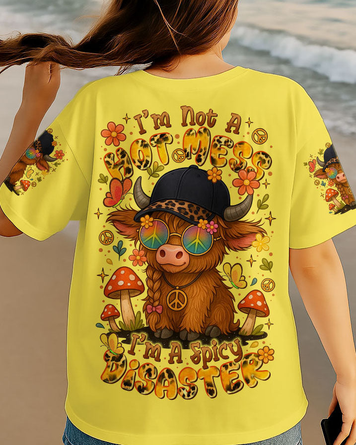 Im Not A Hot MessIm a Spicy Disaster Cute Cow with Peace Sign _26 Fun Floral Design AOP Shirts _5_ Lp2Ty