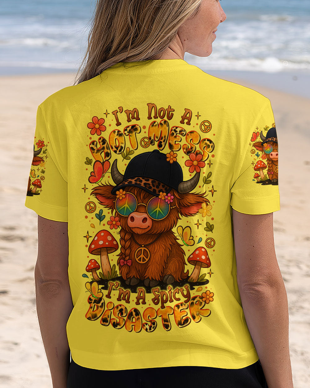 Im Not A Hot MessIm a Spicy Disaster Cute Cow with Peace Sign _26 Fun Floral Design AOP Shirts _7_ CxQh1