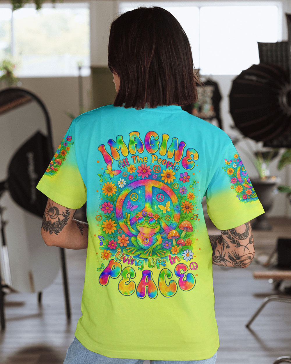 Imagine All The People Living Life in Peace Frog and Peace Symbol Tie Dye Design AOP Shirts _1_ yPAKK