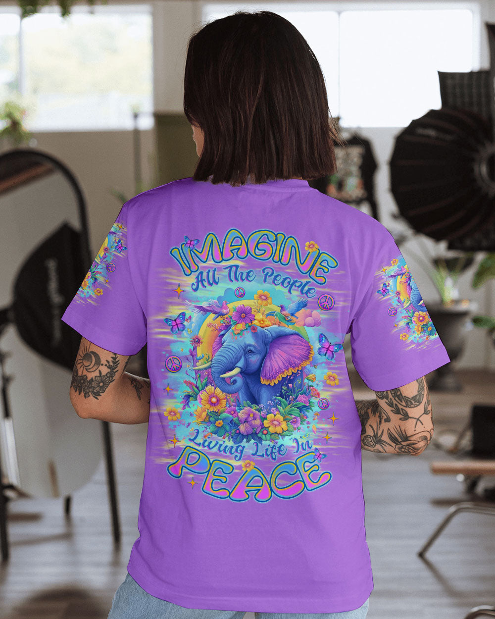 Imagine All the People Living Life in Peace Peaceful Elephant with Colorful Floral Vibes AOP Shirts _12_ hjH33