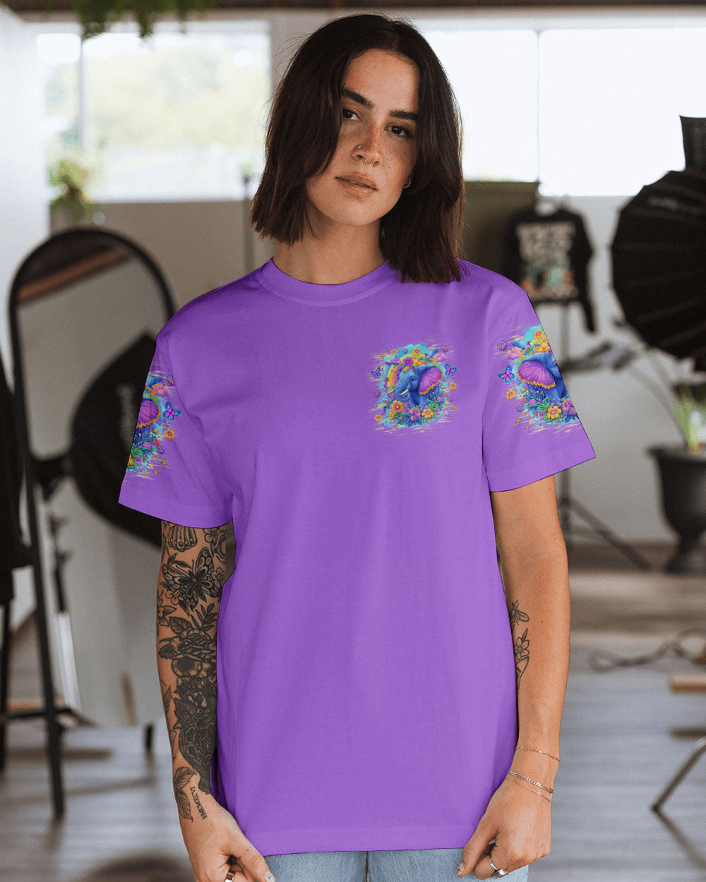 Imagine All the People Living Life in Peace Peaceful Elephant with Colorful Floral Vibes AOP Shirts _13_ VmYdl