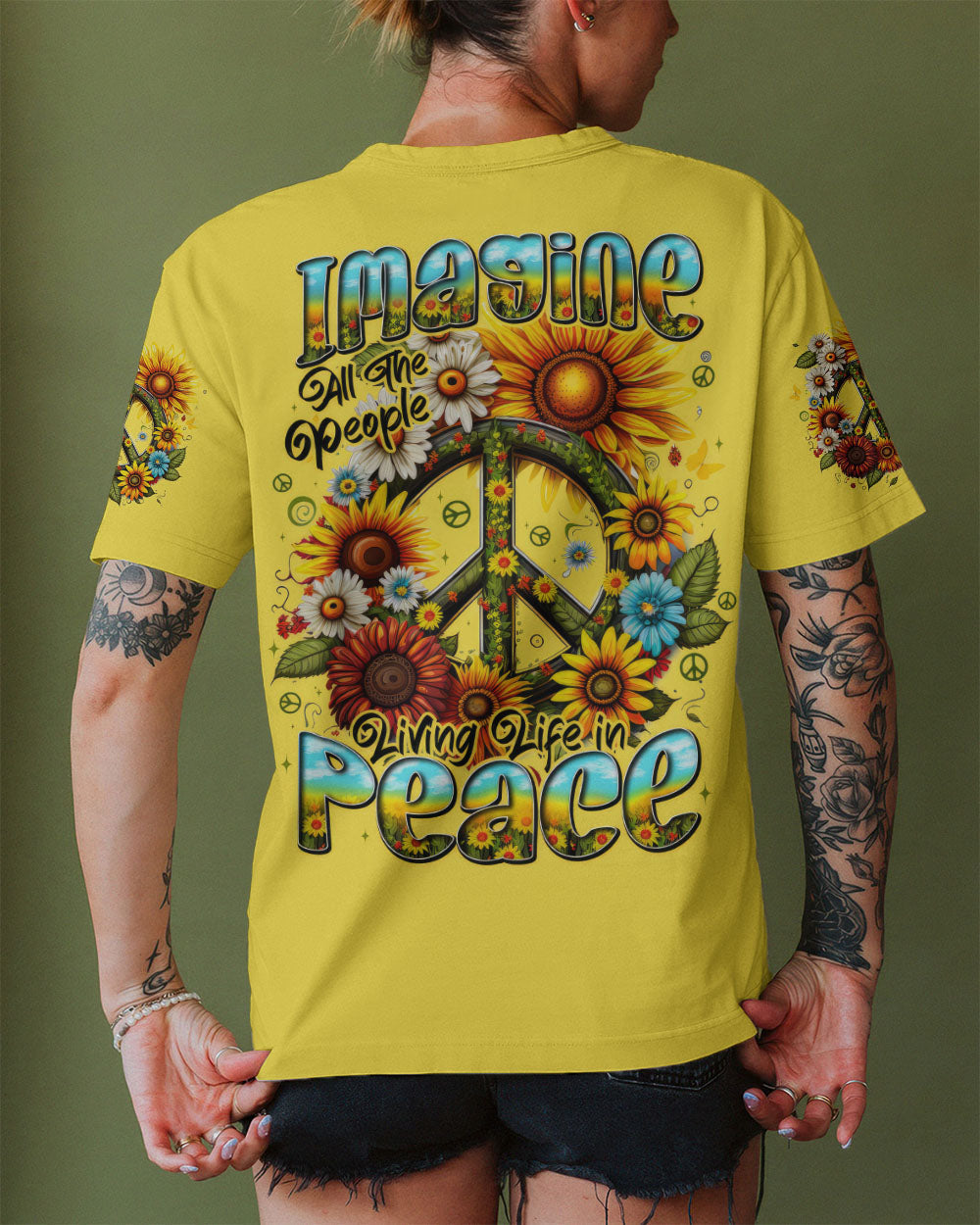 Imagine All the People Living Life in Peace Sunflower Peace Sign Design AOP Shirts _3_ IeKWN