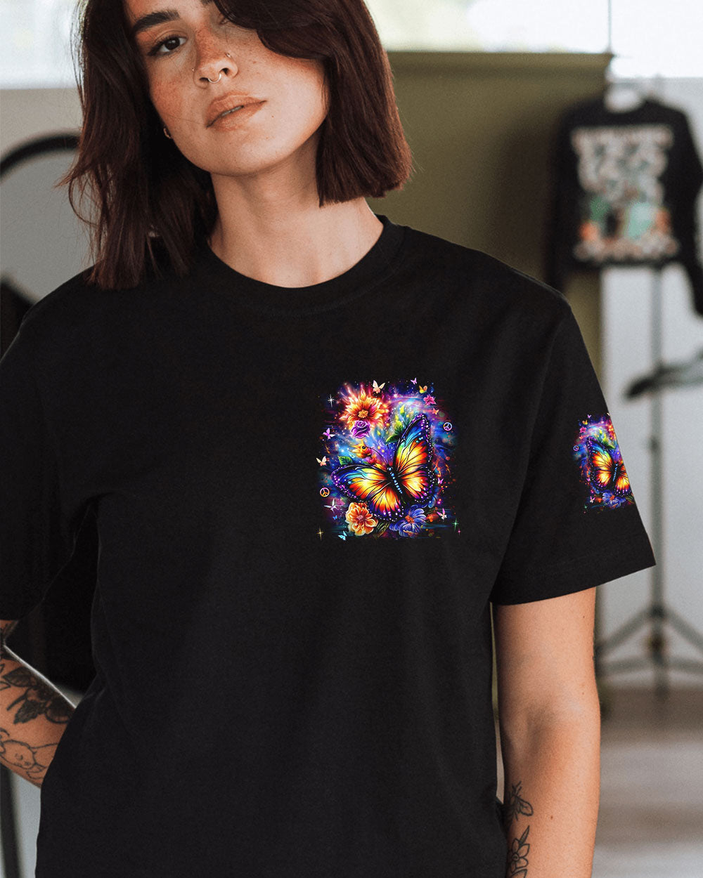 Just Breathe Everything Is Going to Be Okay Colorful Butterfly Floral Graphic AOP Shirts _2_ FD4ol