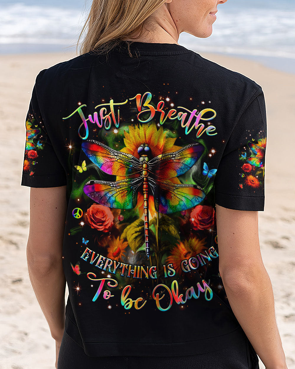 Just Breathe Everything Is Going to Be Okay Colorful Dragonfly Flower AOP Shirts _5_ tw1si