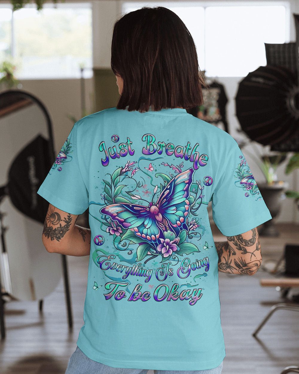 Just Breathe Everything Is Going to Be Okay Motivational Butterfly Quote AOP Shirts _11_ JI0JF
