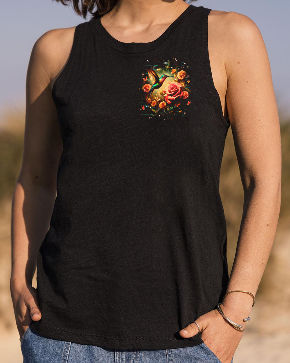 Just Breathe Everything Is Going to Be Okay Rose and Hummingbird Graphic AOP Shirts _12_ LgVDY