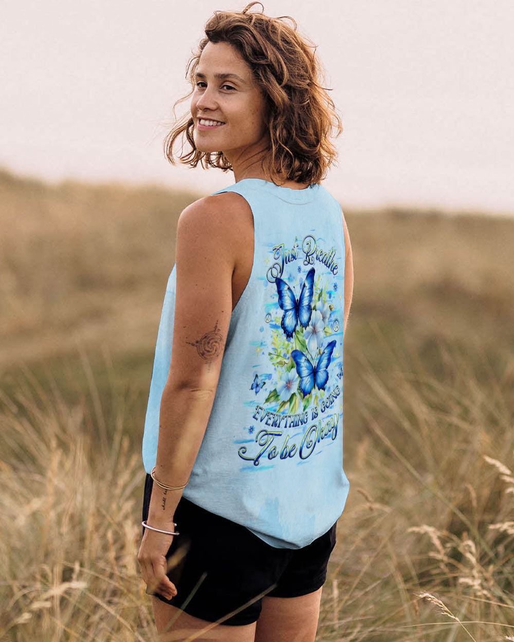 Just Breathe Everything is Going To Be Okay Blue Butterfly Inspirational AOP Shirts _11_ gTwH4