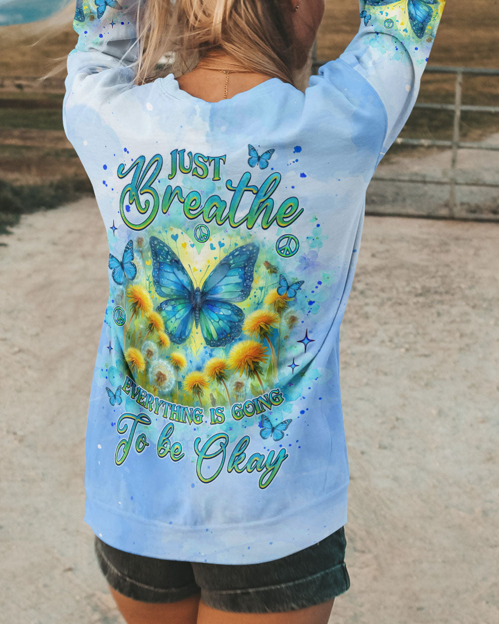 Just Breathe Everything is Going to Be Okay Butterfly Light Blue Design for Women AOP Shirts _10_ 4HkxY