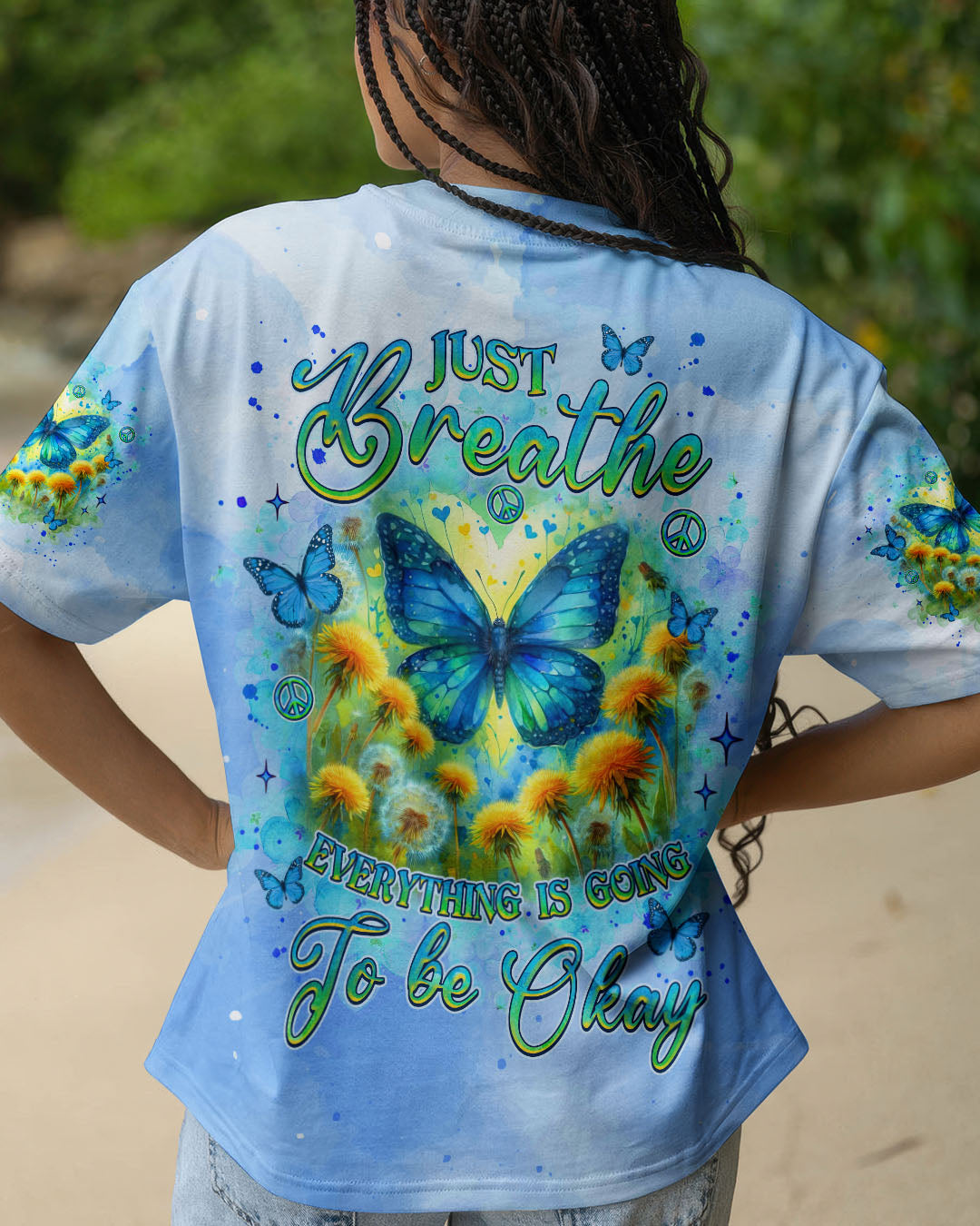 Just Breathe Everything is Going to Be Okay Butterfly Light Blue Design for Women AOP Shirts _1_ 7hv9N