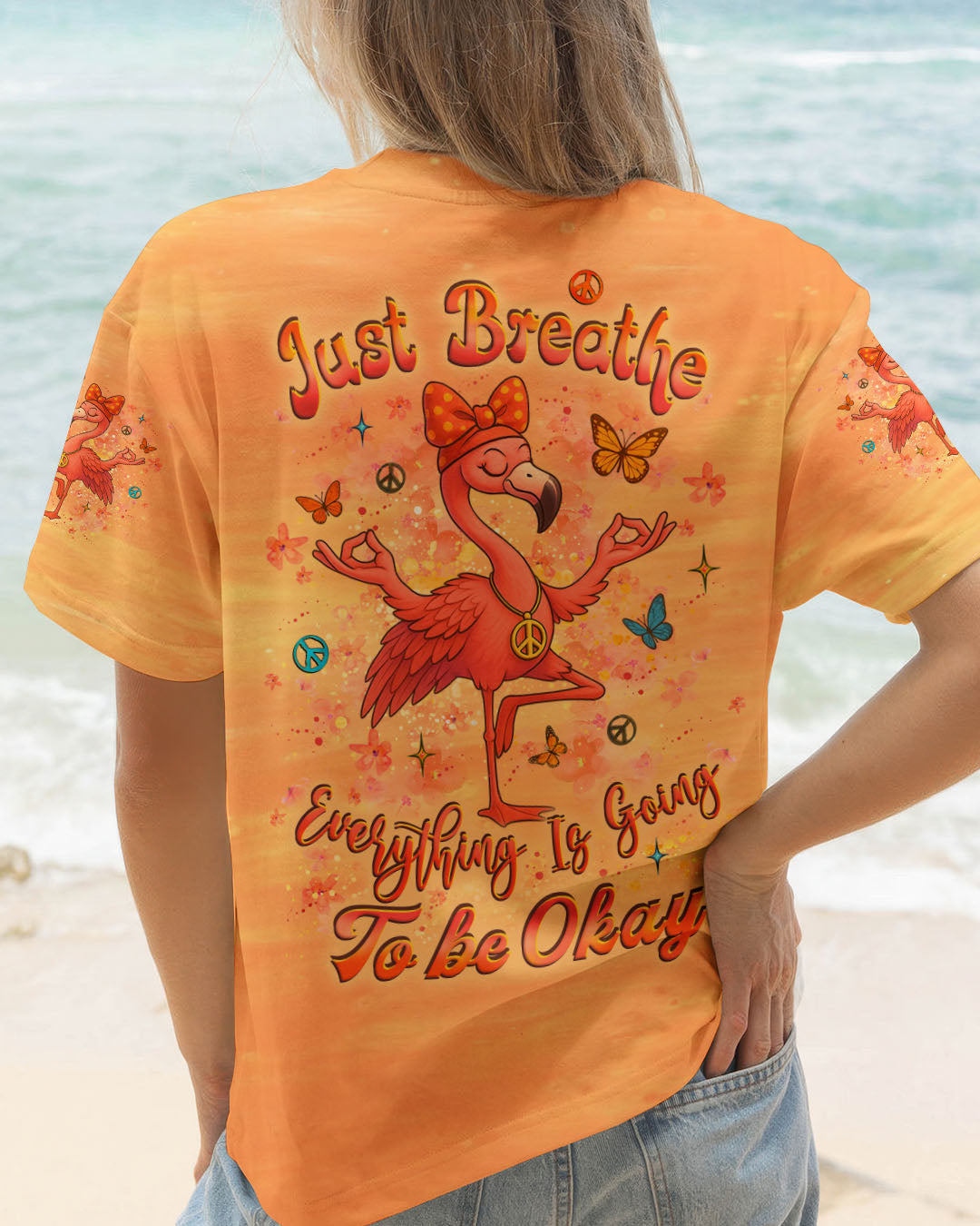 Just Breathe Everything is Going to Be Okay Peaceful Flamingo Bright Orange Design AOP Shirts _1_ 3FS11