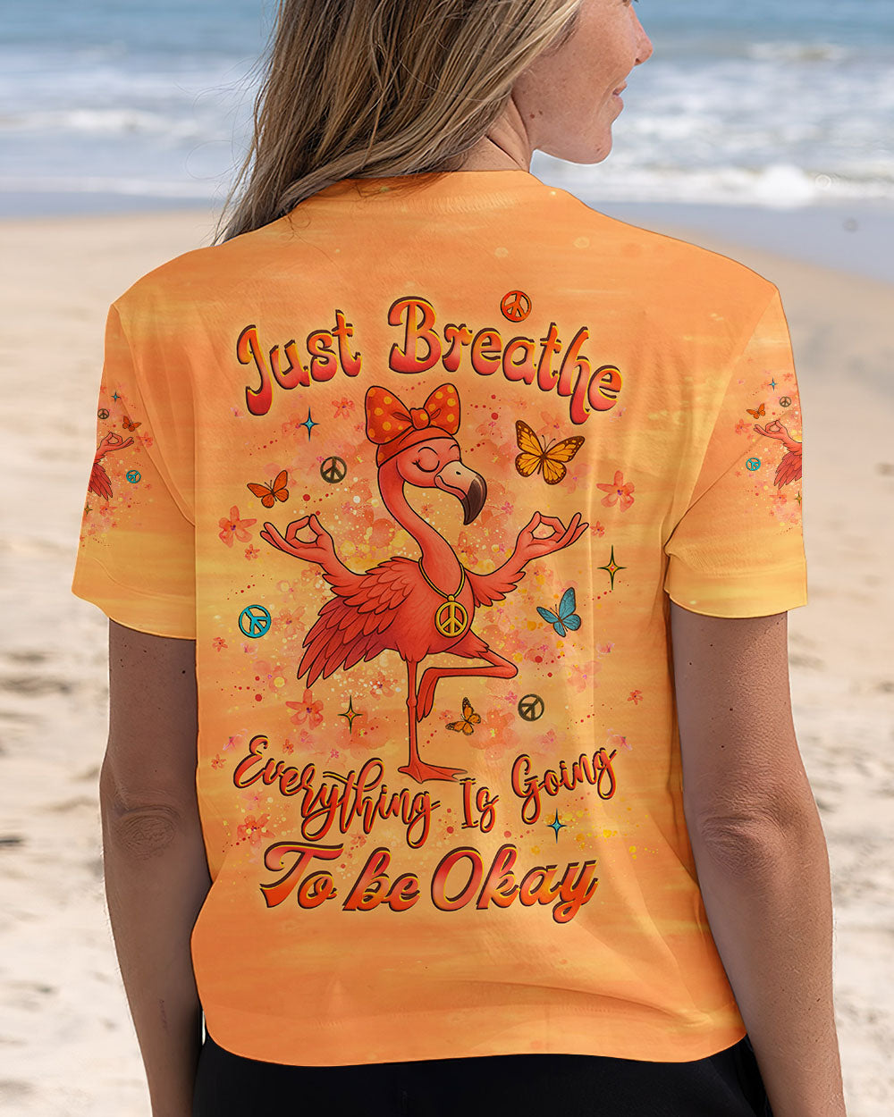 Just Breathe Everything is Going to Be Okay Peaceful Flamingo Bright Orange Design AOP Shirts _5_ c8DN2
