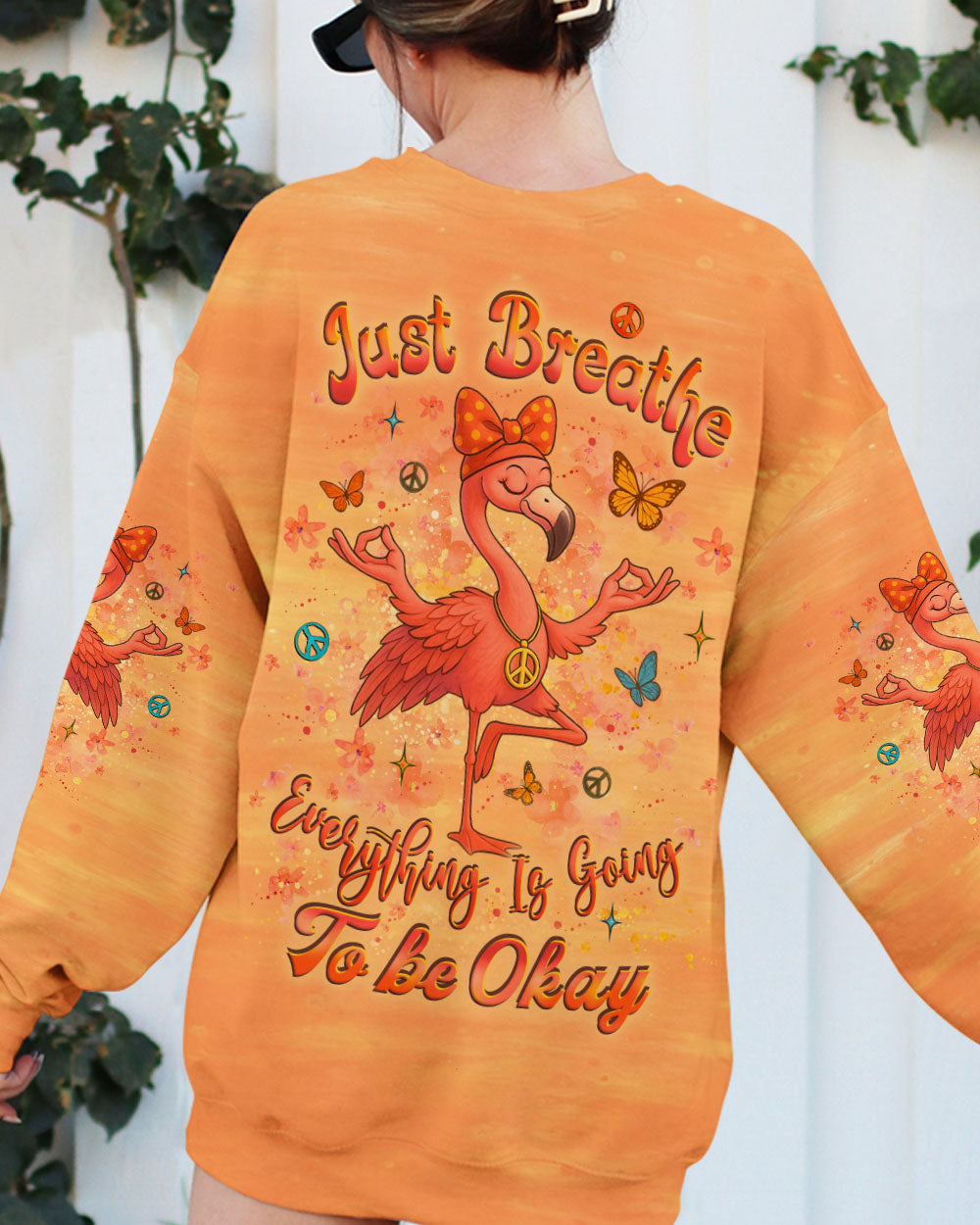 Just Breathe Everything is Going to Be Okay Peaceful Flamingo Bright Orange Design AOP Shirts _9_ z2ovA