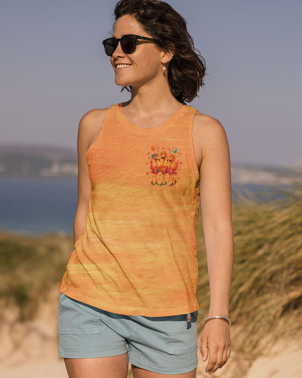Let_E2_80_99s Go Girls Flamingo Peace and Love Orange Graphic Tee for Women AOP Shirts _12_ hub0c