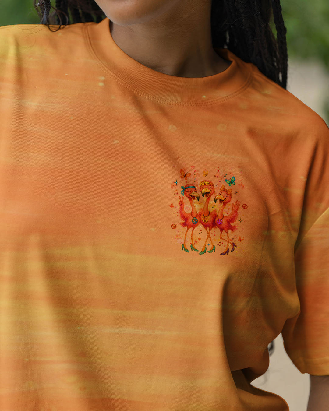 Let_E2_80_99s Go Girls Flamingo Peace and Love Orange Graphic Tee for Women AOP Shirts _2_ RaqI3