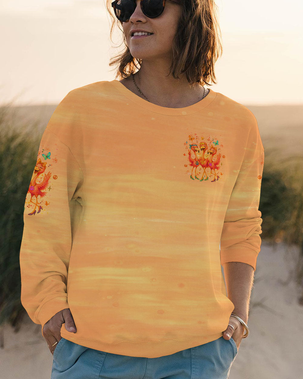 Let_E2_80_99s Go Girls Flamingo Peace and Love Orange Graphic Tee for Women AOP Shirts _8_ RgedF