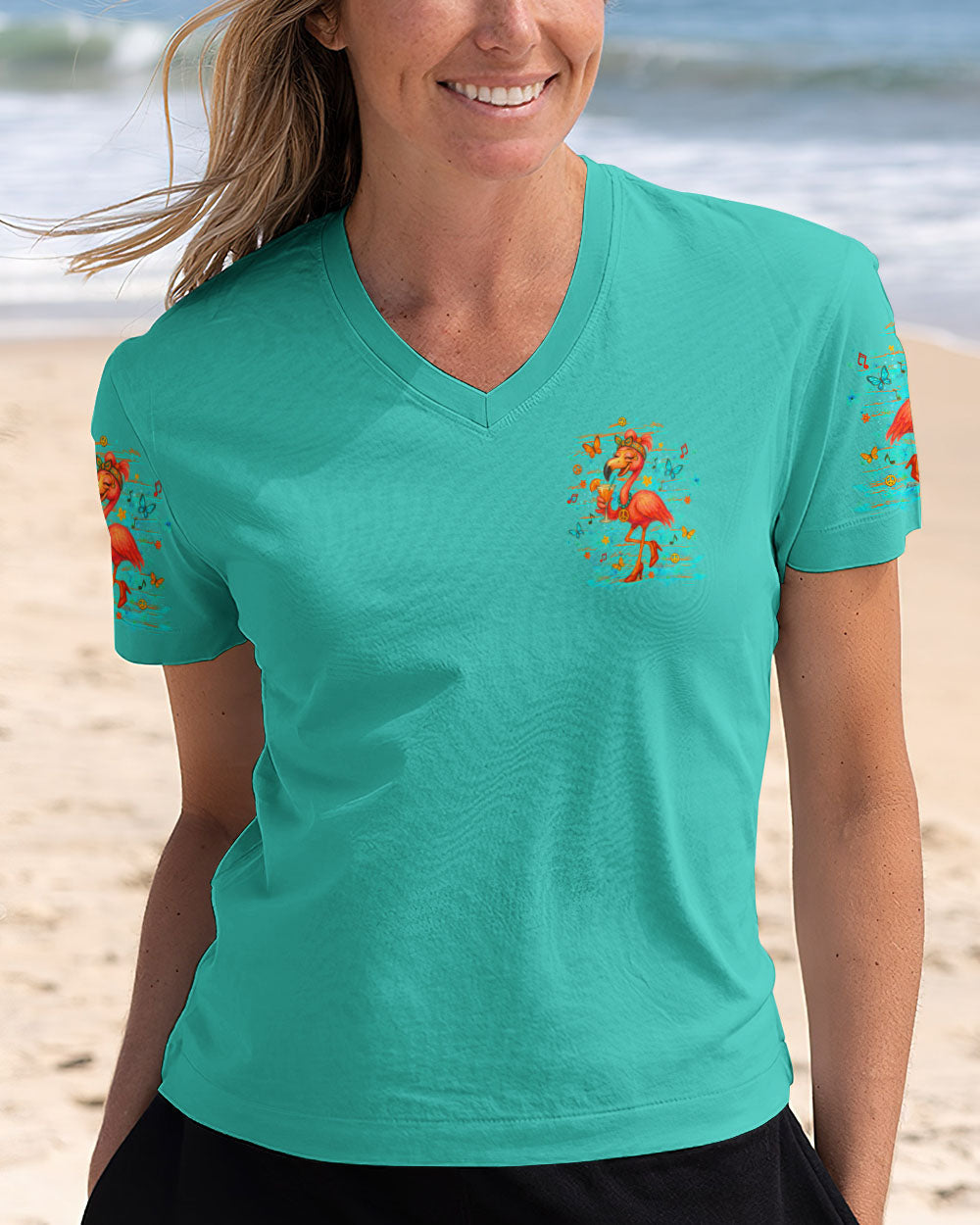 Make Today Flamazing Flamingo Fun Drink Graphic Tee with Music _26 Peace Design for Women AOP Shirt _4_ FSBAd