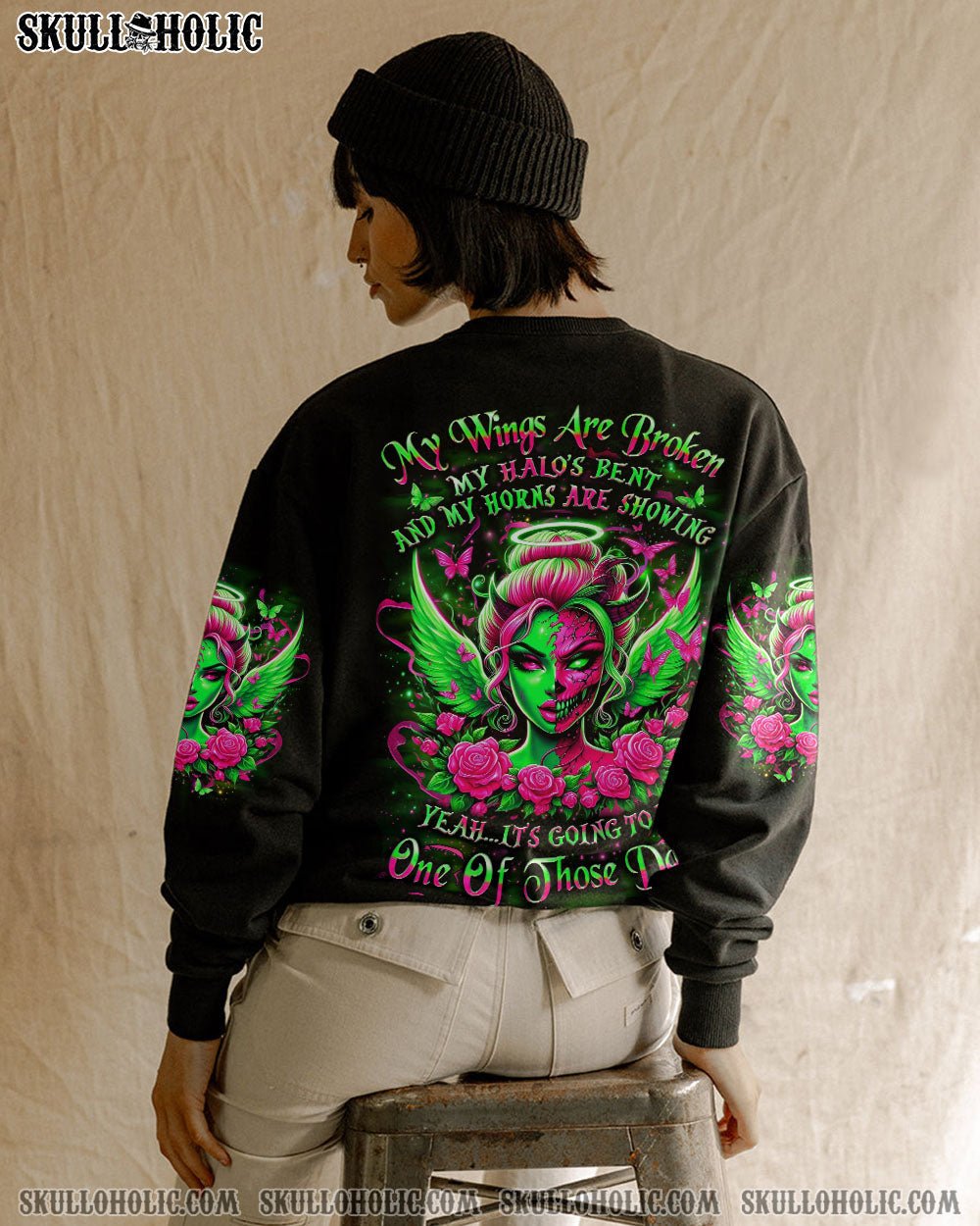 My Wings Are Broken One of Those Days Gothic Angel and Devil Neon Green Roses AOP Shirts _3_ rFhFg