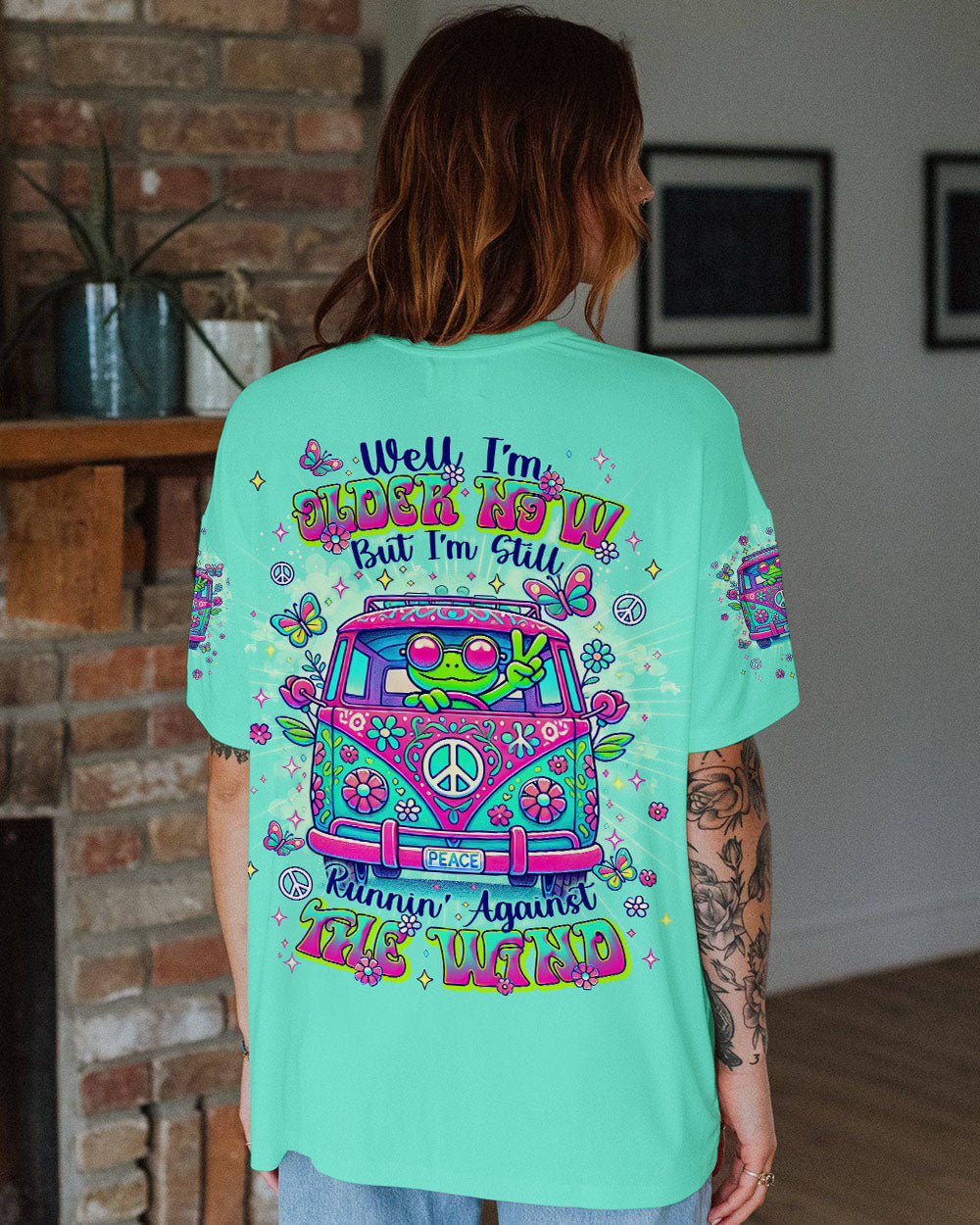 Older Now But Still Running Against The Wind Funny Frog Peace Van Design AOP Shirts _5_ vFUcz