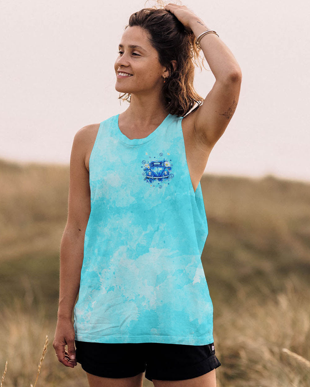Older Now Still Running Against the Wind Blue VW Bug and Daisy Retro Hippie AOP Shirts _6_ hprmq