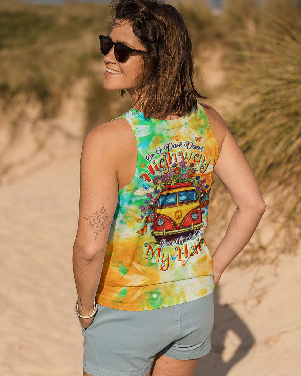 On a Dark Desert Highway Cool Wind in My Hair Tie Dye Retro Hippie Van AOP Shirts _14_ SQp88