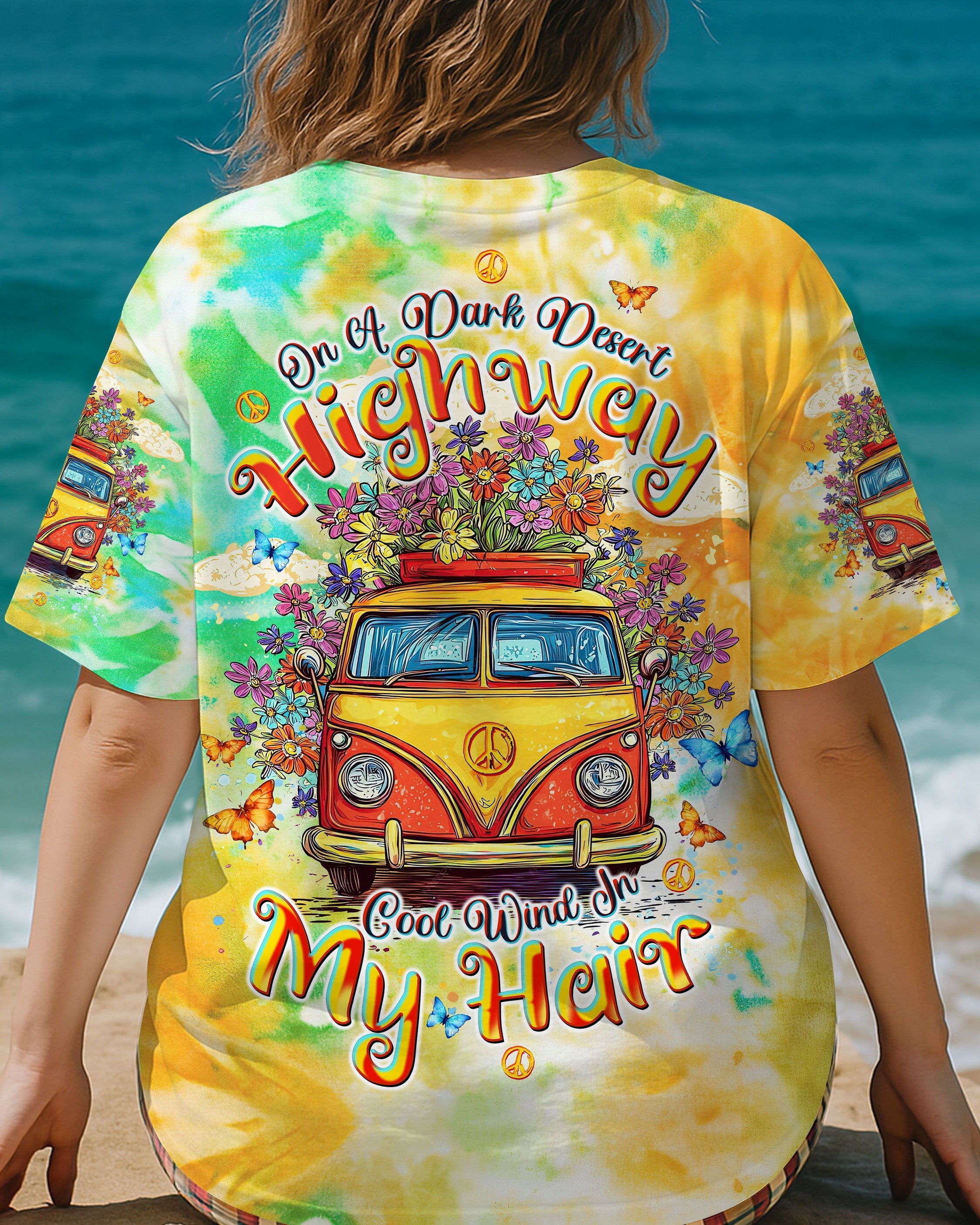 On a Dark Desert Highway Cool Wind in My Hair Tie Dye Retro Hippie Van AOP Shirts _3_ q07kn