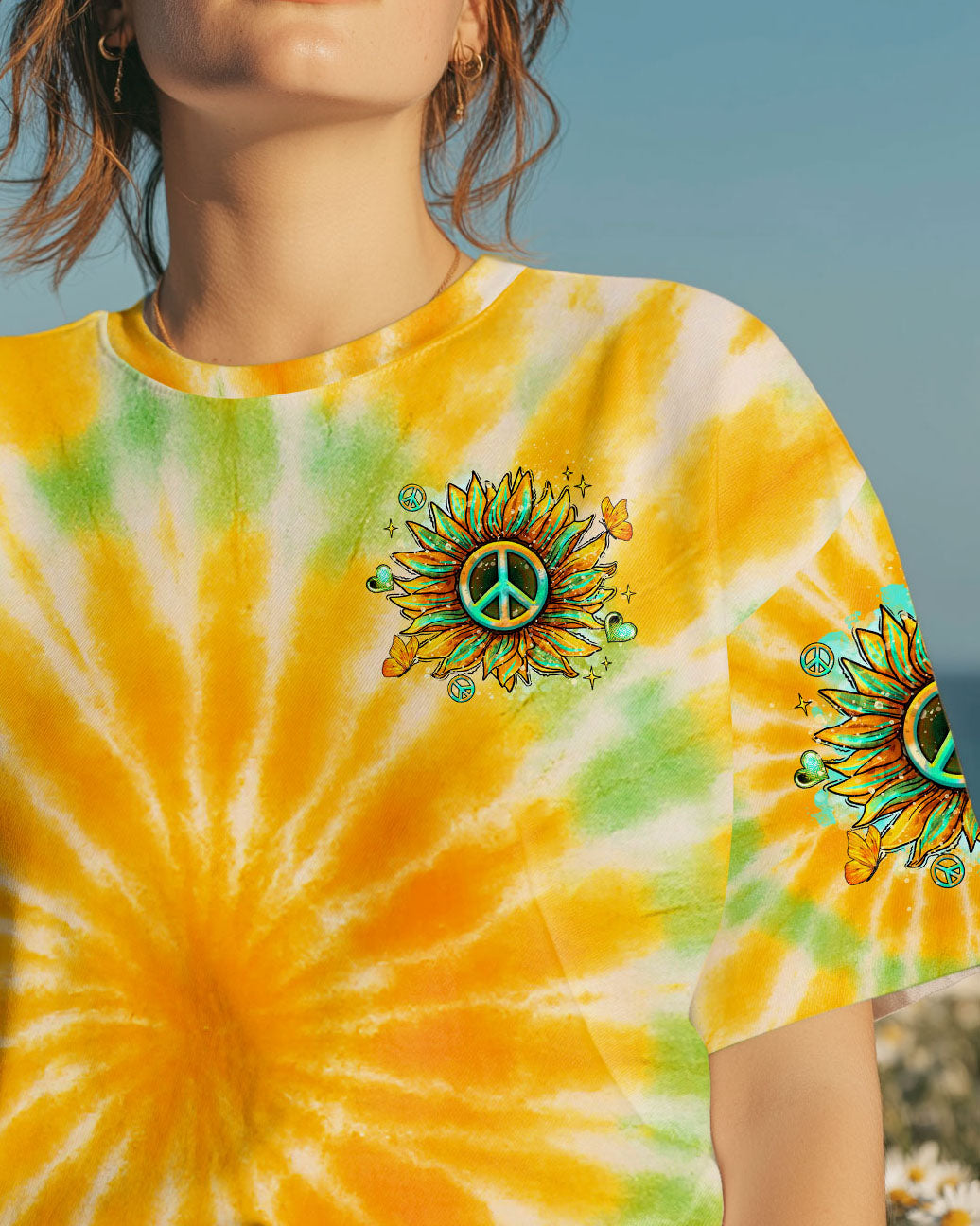 Peace Yall Sunflower Tie Dye Boho Style with Retro Vibes and Hippie Peace Sign AOP Shirts _15_ dcXeN