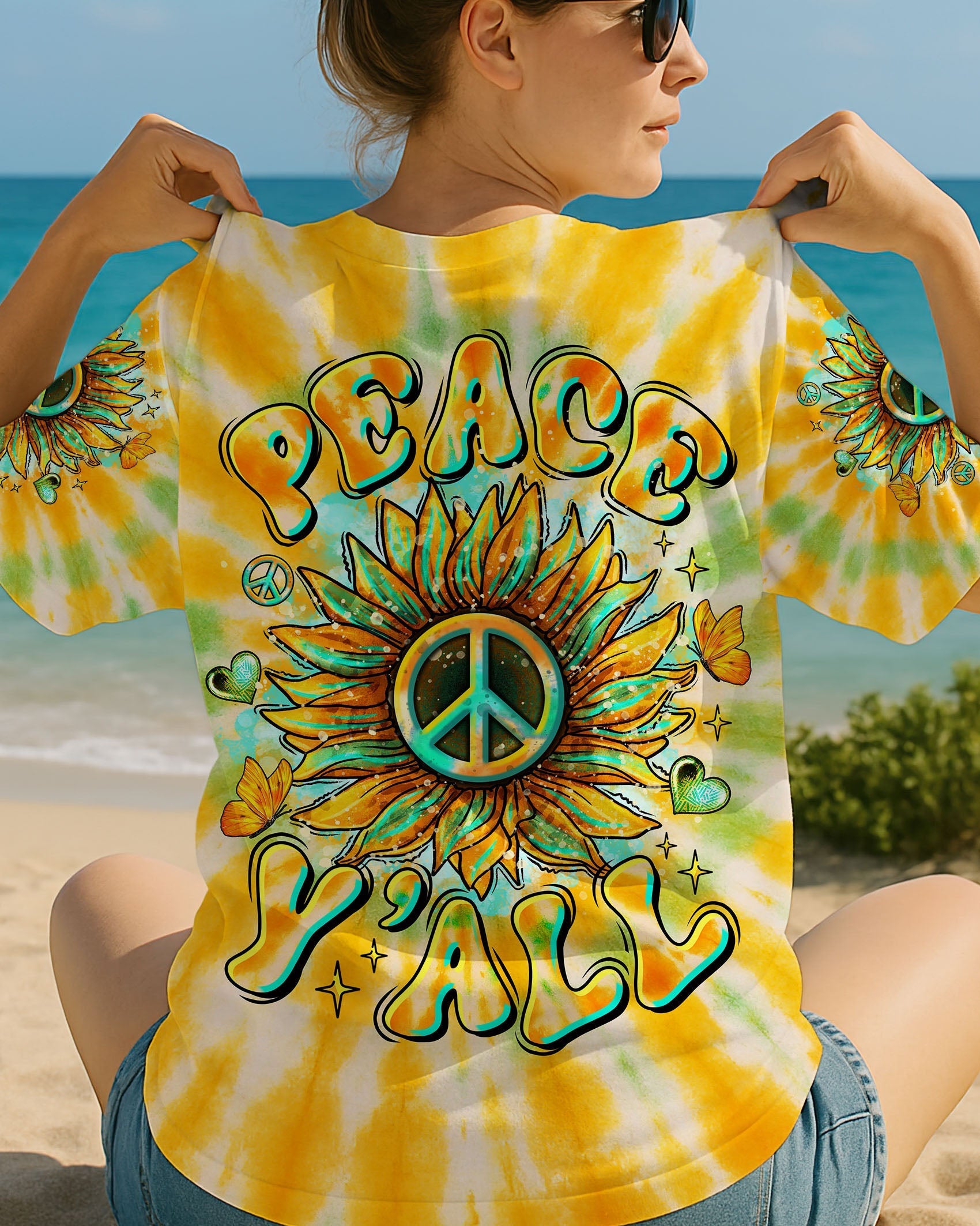Peace Yall Sunflower Tie Dye Boho Style with Retro Vibes and Hippie Peace Sign AOP Shirts _1_ LlVfV