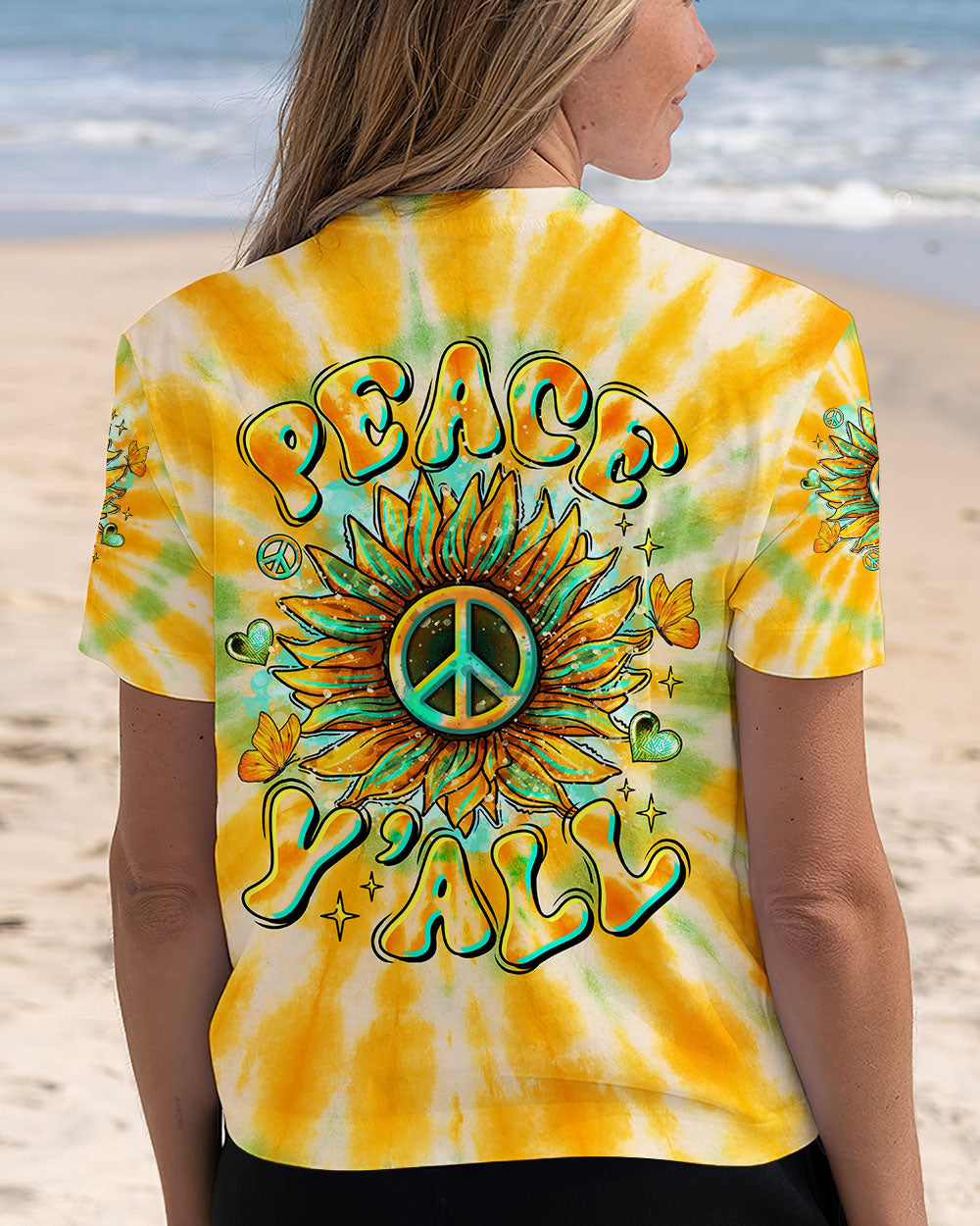 Peace Yall Sunflower Tie Dye Boho Style with Retro Vibes and Hippie Peace Sign AOP Shirts _3_ RM4yN