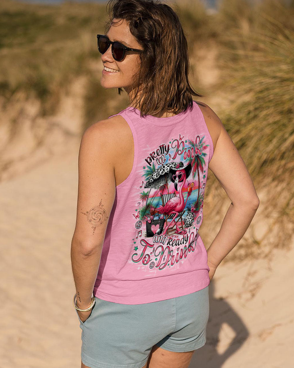 Pretty in Pink and Ready to Drink Pink Flamingo Beach Graphic Tee for Women AOP Shirts _14_ PLJ1i