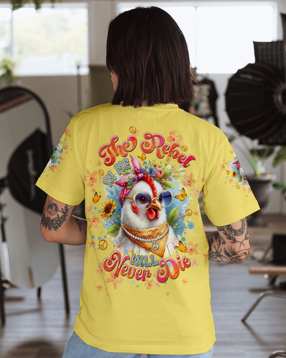 Rebel Chicken Funny Flower Crowned Hen with Sunglasses AOP Shirts _13_ 3GJkF