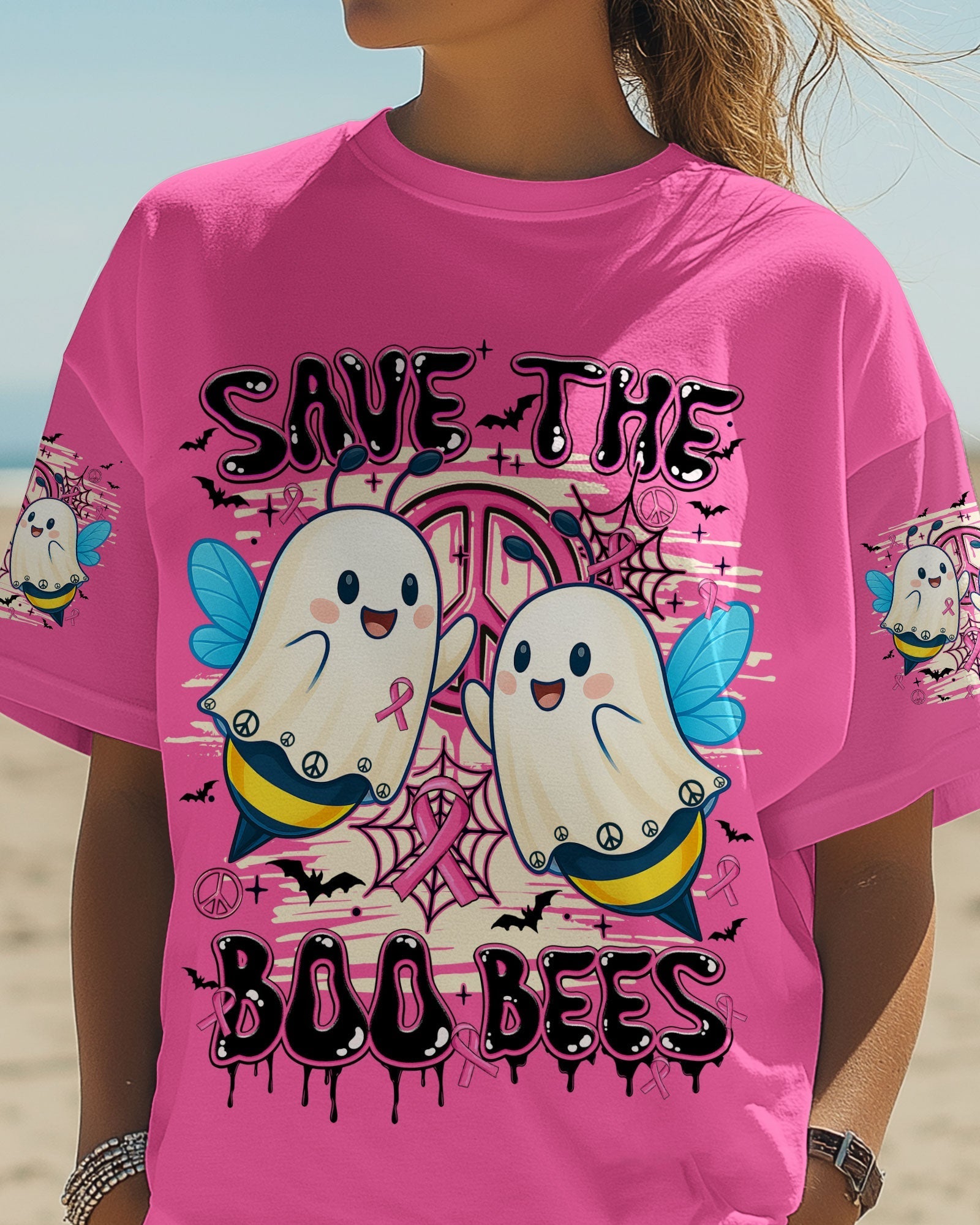 Save the Boo Bees Halloween Ghost Design with Peace and Pink Ribbon AOP Shirts _2_ H9zrs