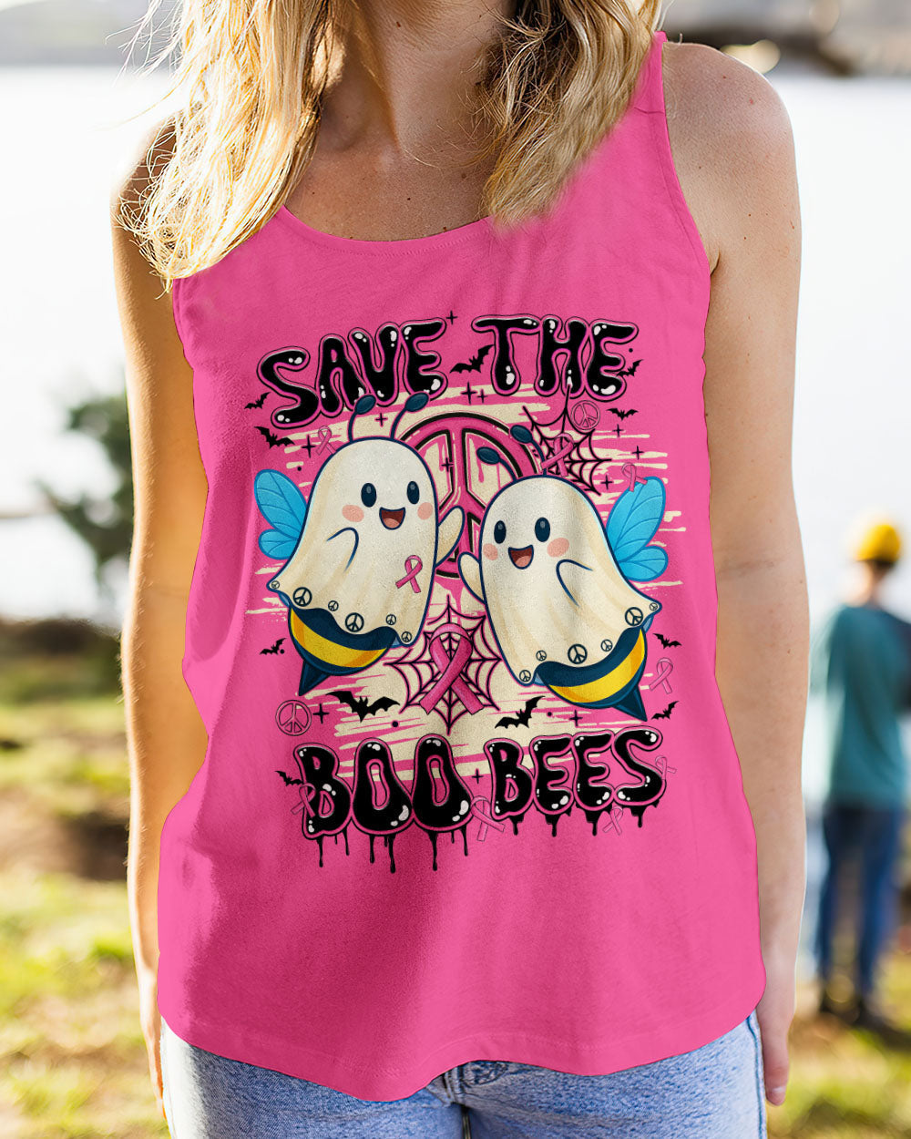 Save the Boo Bees Halloween Ghost Design with Peace and Pink Ribbon AOP Shirts _8_ Sj7f6