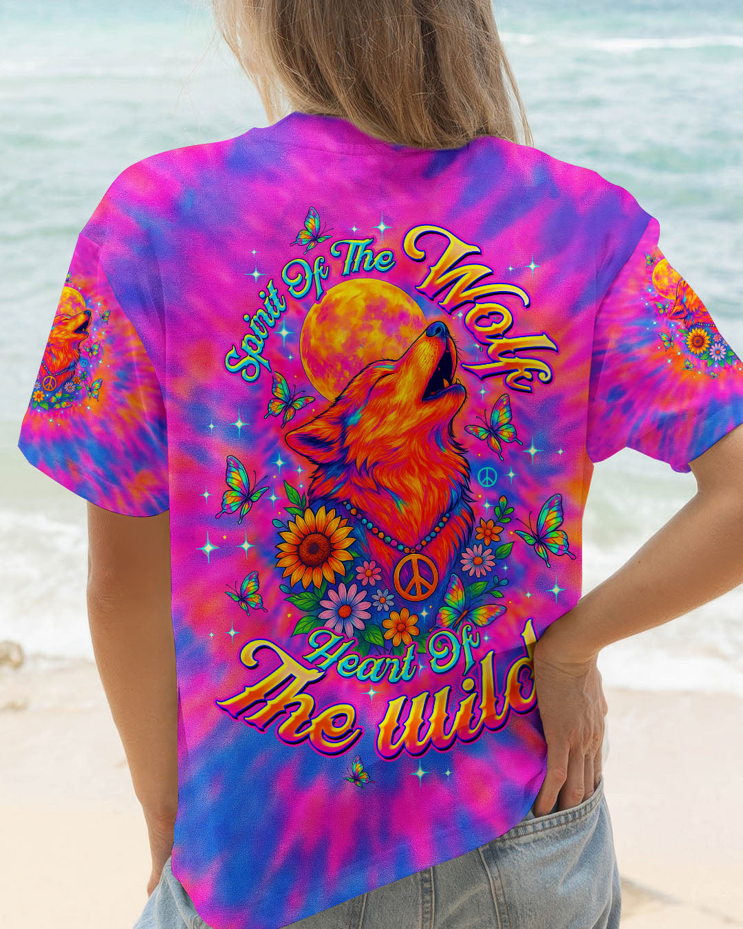 Spirit of the Wolf Heart of the Wild Tie Dye Wolf with Peace _26 Flower AOP Shirts _9_ SxKwo