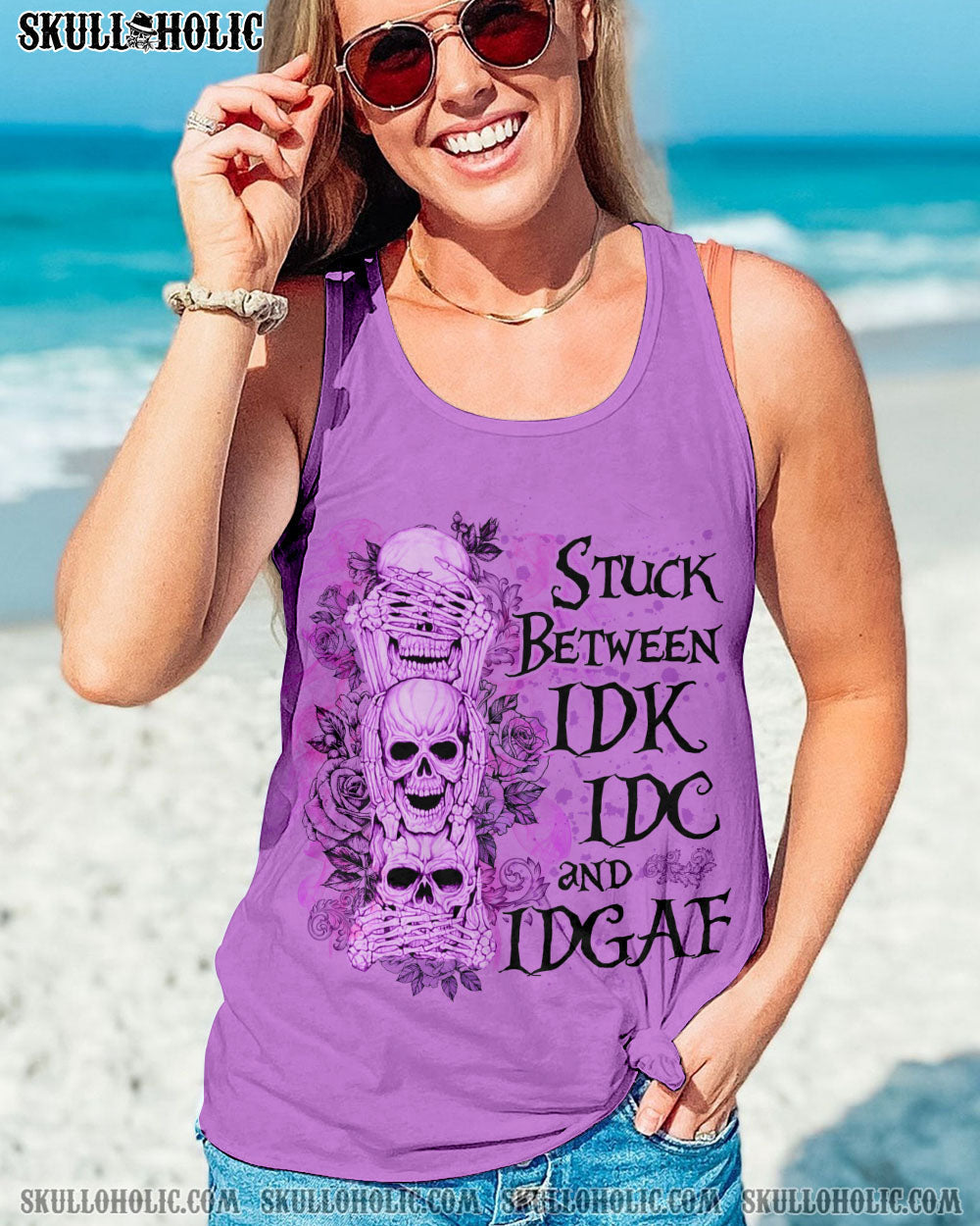 Stuck Between IDK IDC and IDGAF Funny Skull Gothic Quote Graphic AOP Shi _9_ gUx8Y