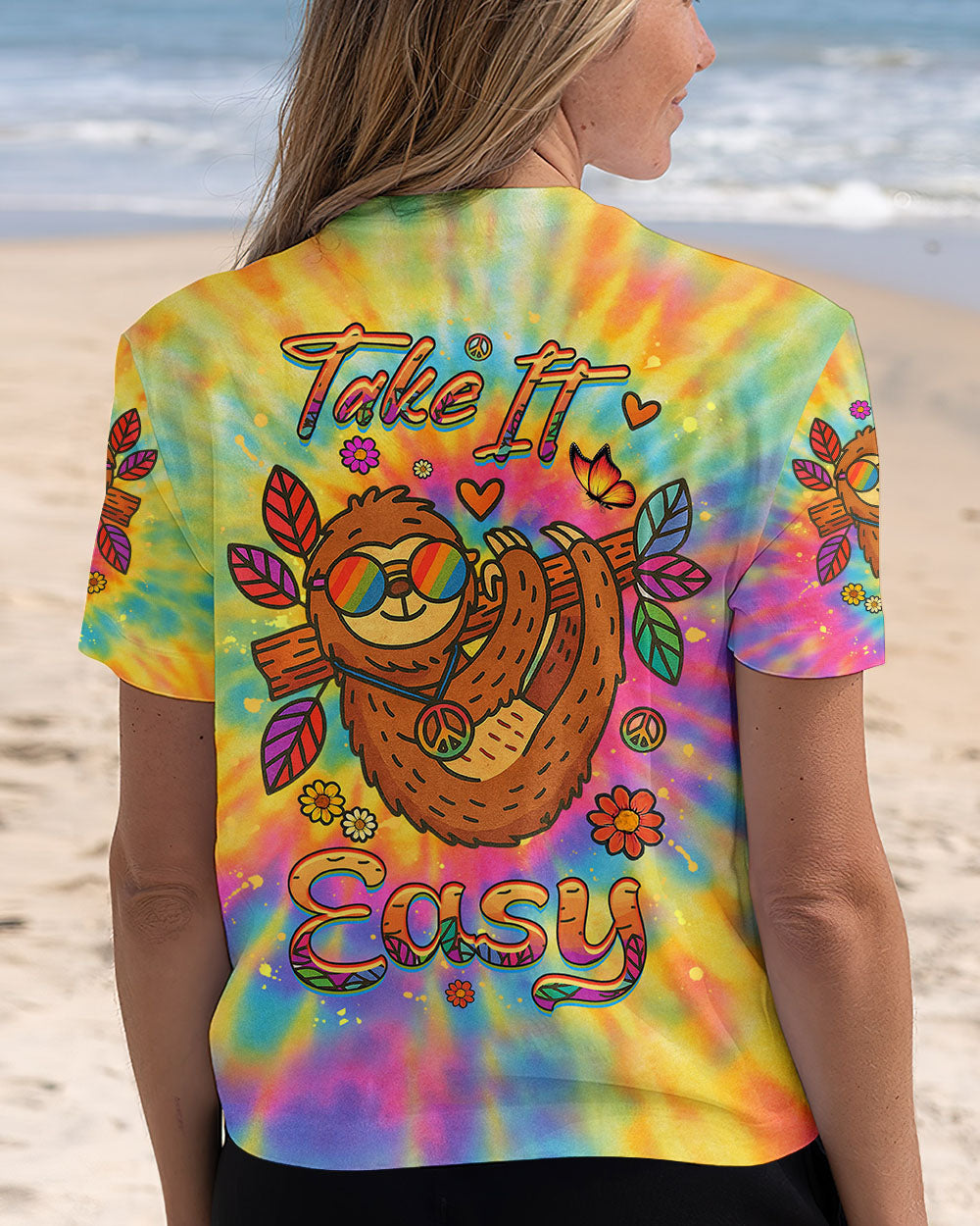 Take It Easy Sloth Peaceful Sloth with Tie Dye Flowers and Sunglasses Design AOP Shirts _3_ G0LHO