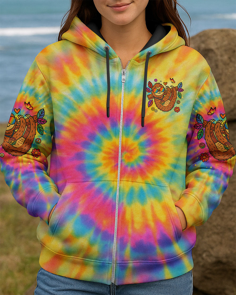 Take It Easy Sloth Peaceful Sloth with Tie Dye Flowers and Sunglasses Design AOP Shirts _8_ wpluP