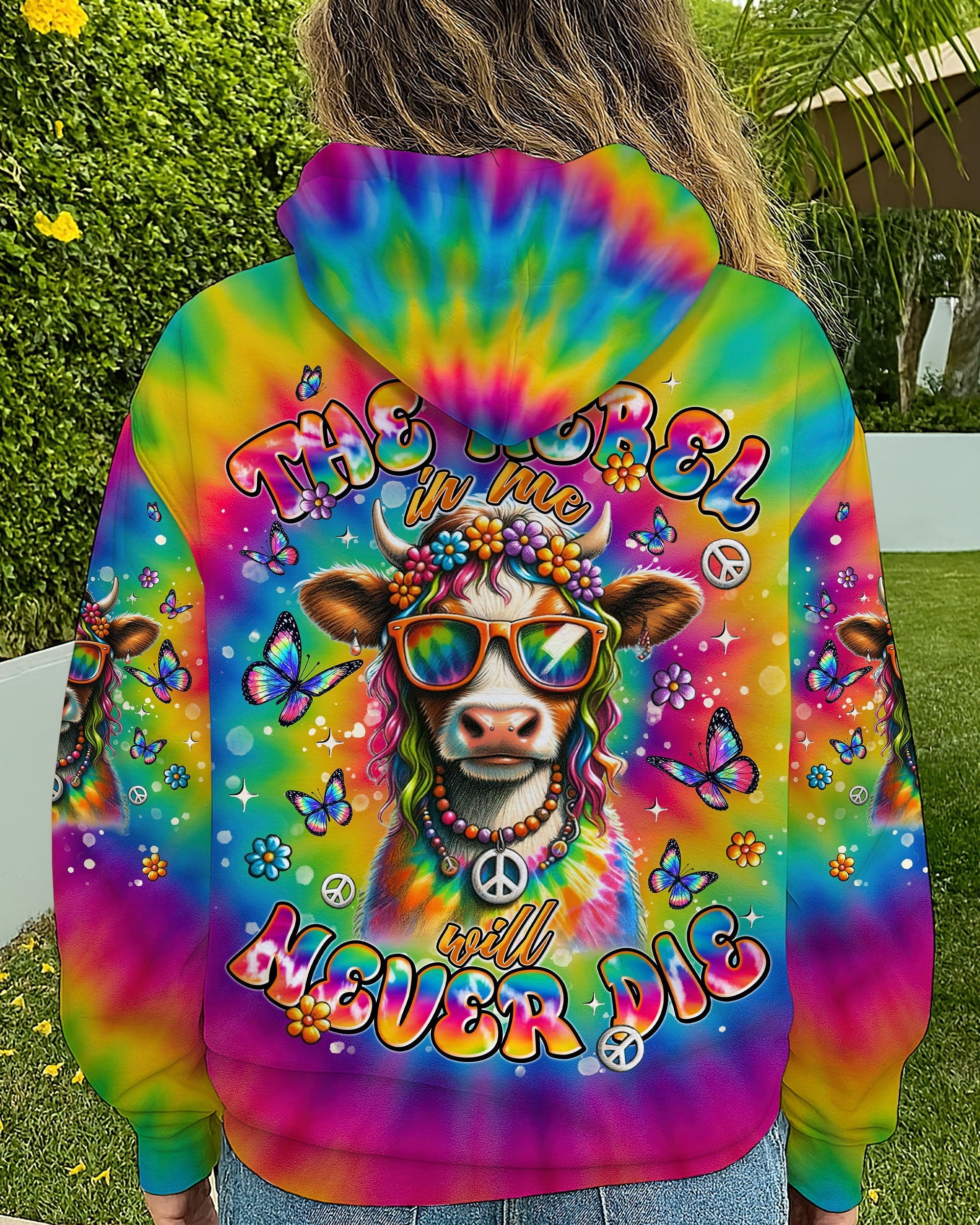 The Rebel in Me Will Never Die Colorful Tie Dye Hippie Cow Design with Peace Sign and Flowers AOP Shirts _ _5_ 6DKj6