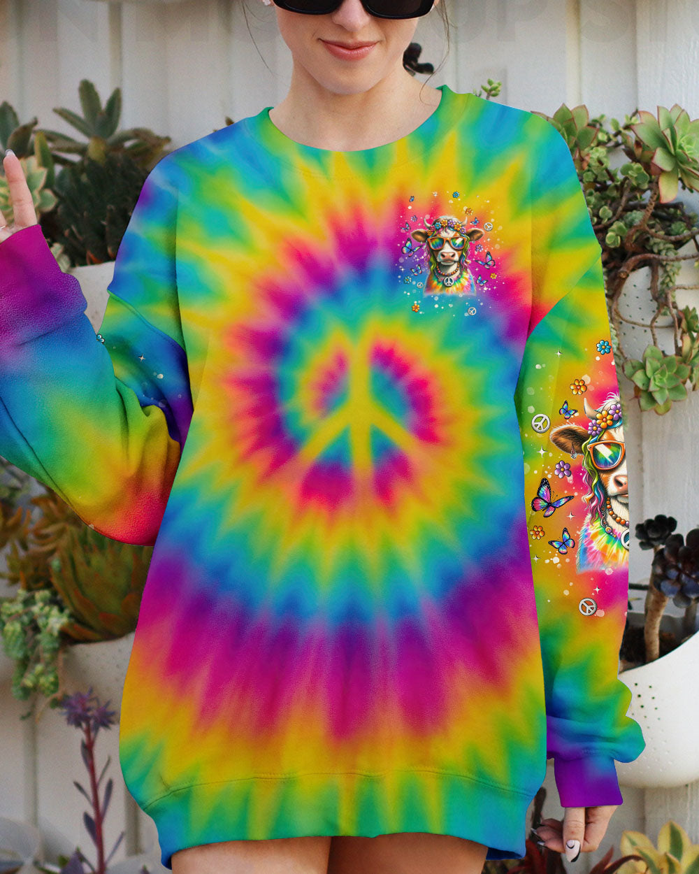 The Rebel in Me Will Never Die Colorful Tie Dye Hippie Cow Design with Peace Sign and Flowers AOP Shirts _ _6_ VBpgE